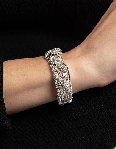 Bracelet tressé en diamant argenté à 3 rangées