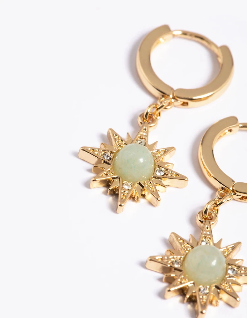 Gold Plated Green Semi Precious Sun Earrings