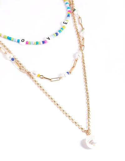 Gold 3 Row Love Mix Bead Pearl Necklace