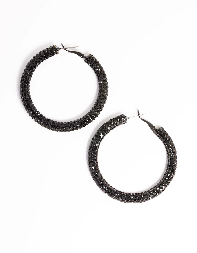 Boucles d’oreilles cerceaux en cristal de 40 mm recouvertes de noir de jais