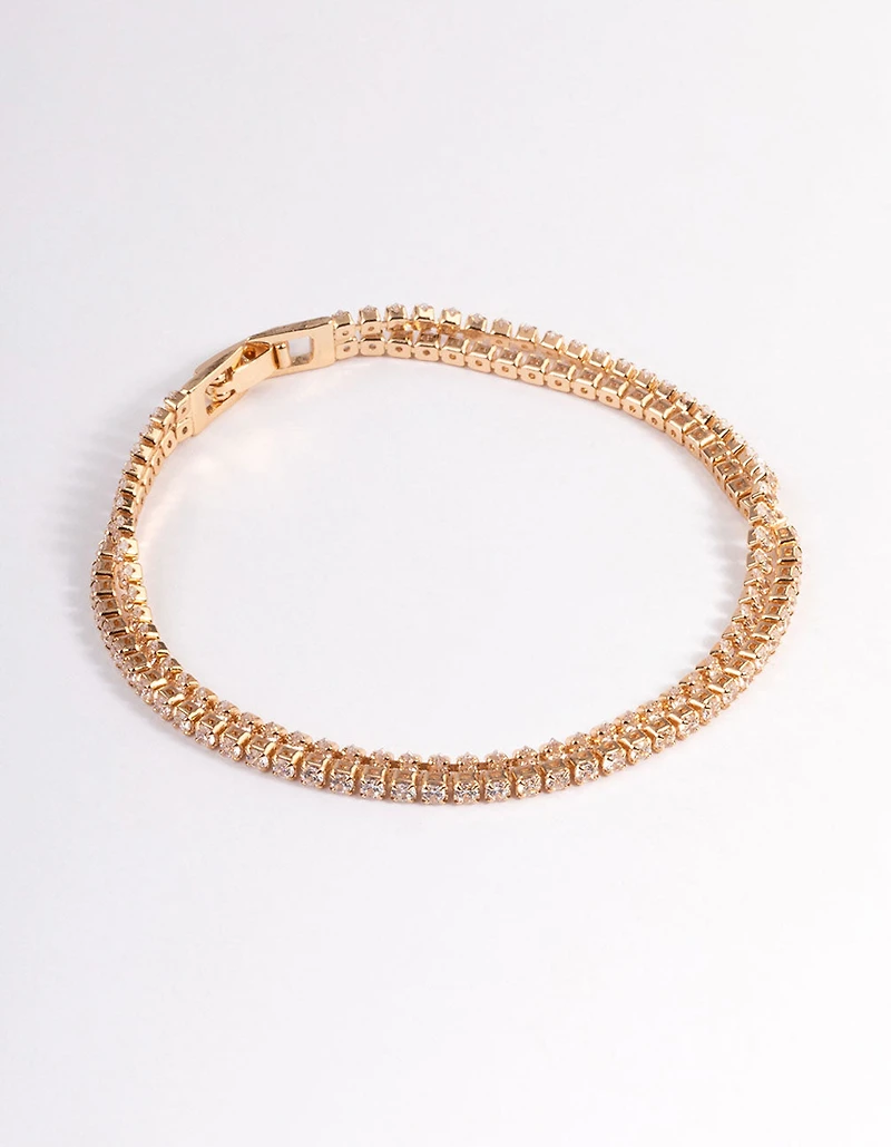 Gold Cubic Zirconia Mini Cupchain Double Row Tennis Bracelet