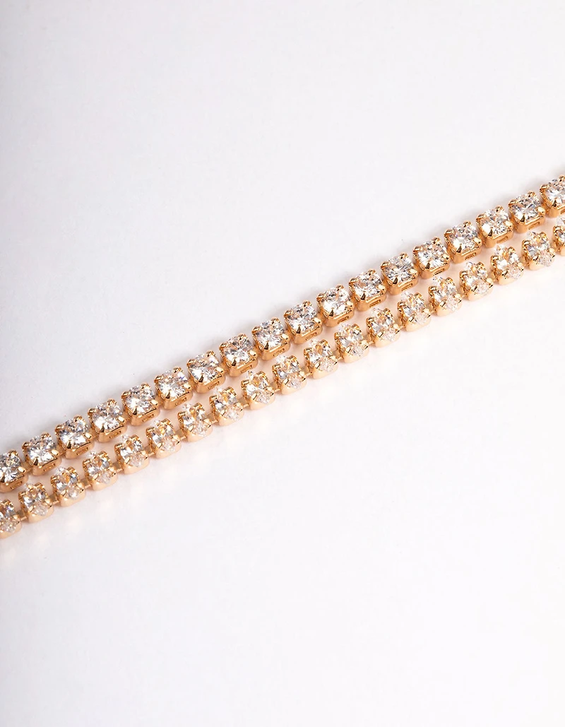 Gold Cubic Zirconia Mini Cupchain Double Row Tennis Bracelet