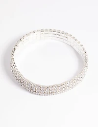 Silver Cubic Zirconia Diamante Stretch Triple Row Bracelet