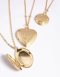 Worn Gold Mix Locket Triple Row Necklace