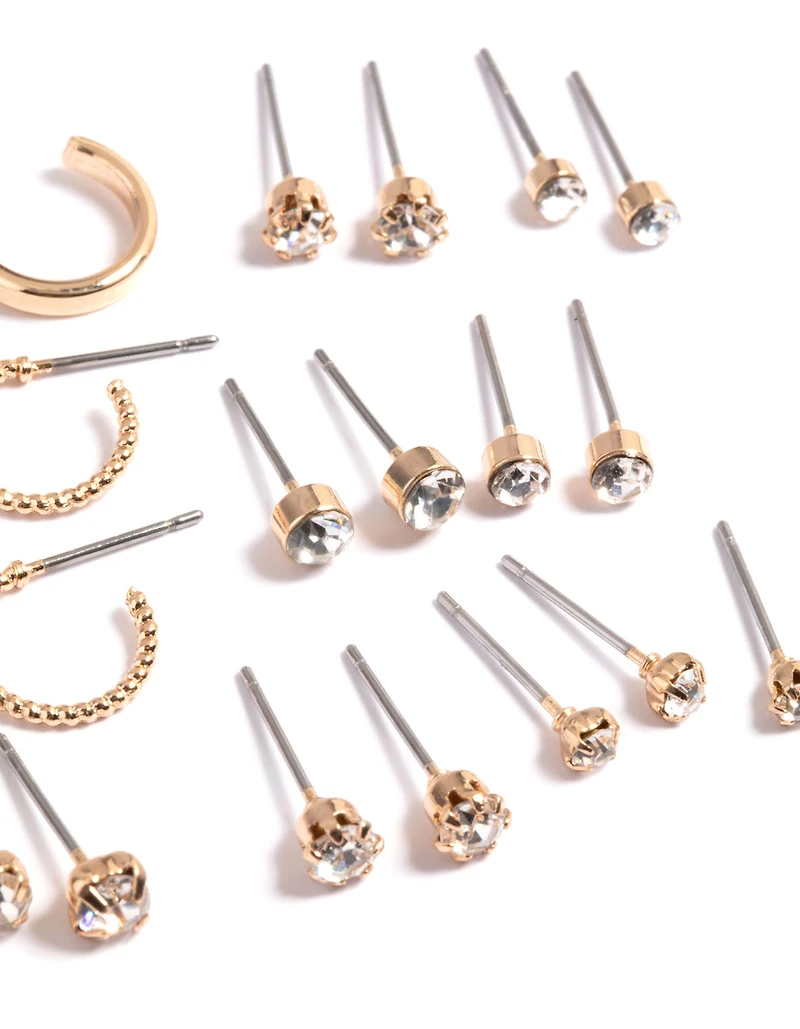 Gold Diamante Stud & Hoop Earrings