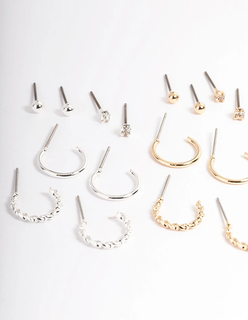 Mixed Metal Plain & Dimanate Stud & Hoop Earring 12-Pack