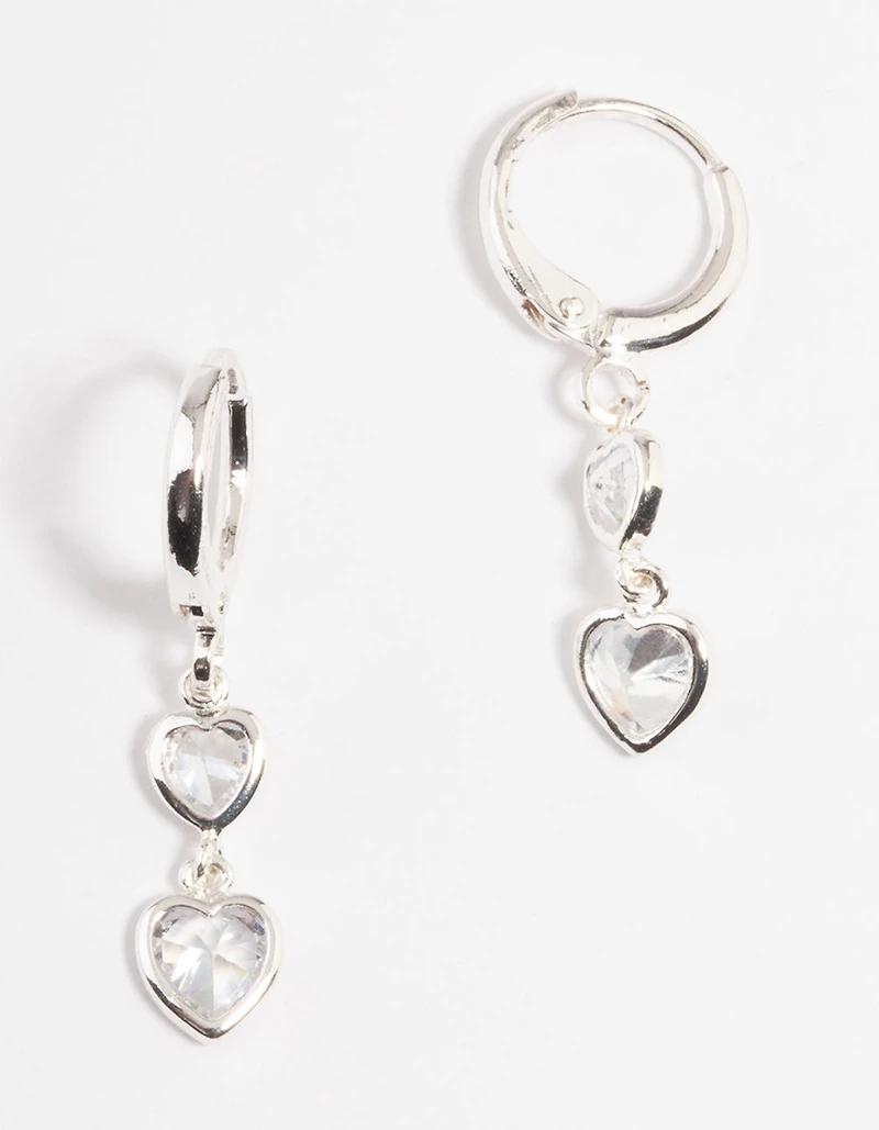 Silver Two Heart Drop Huggie Earrings