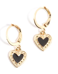 Black Enamel Heart Huggie Earrings