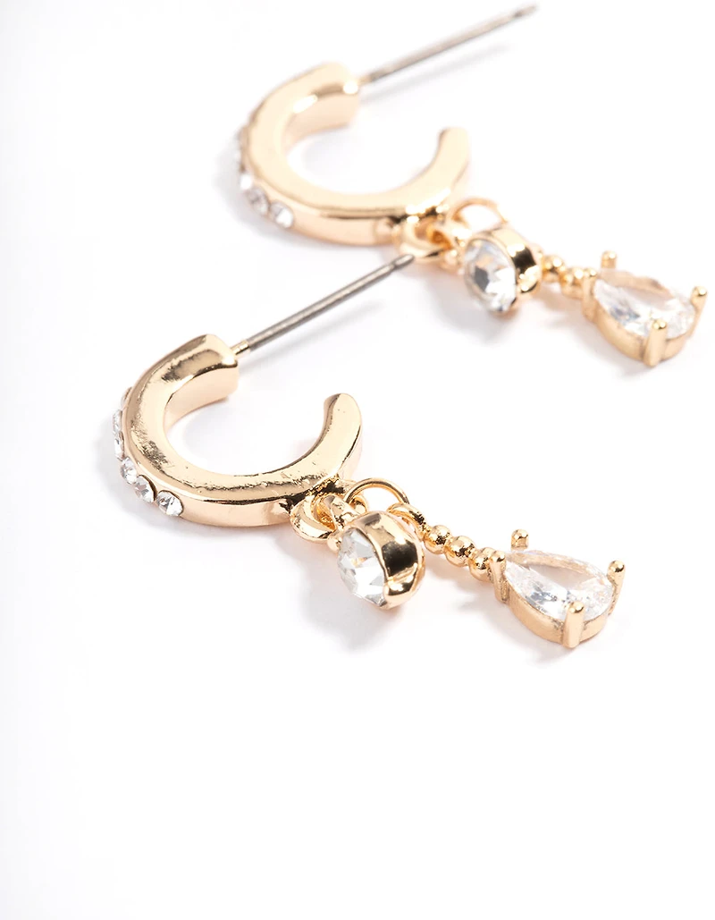 Gold Diamante Two Drop Mini Hoop Earrings