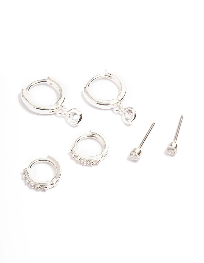 Silver Clear Stud & Huggies Pack