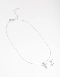 Rhodium Diamond Simulant Stud & Cross Necklace Set