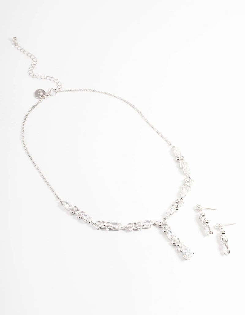 Diamond Simulants Silver Statement Drop Earrings & Necklace Set