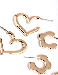 Gold Flower Heart Round Earrings Pack