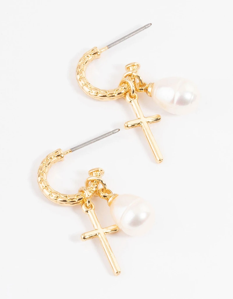 Gold Plated Cross & Freshwater Pearl Hoop Earrings