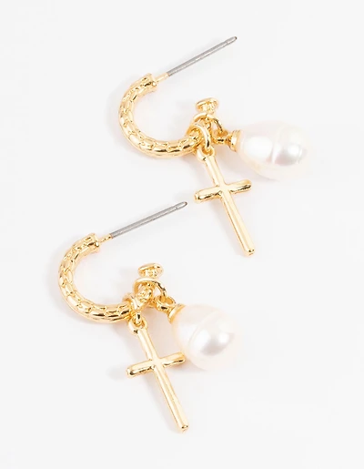 Gold Plated Cross & Freshwater Pearl Hoop Earrings