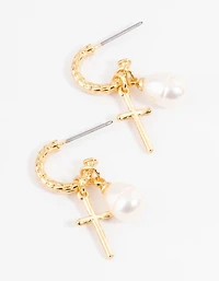 Gold Plated Cross & Freshwater Pearl Hoop Earrings