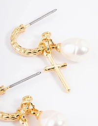 Gold Plated Cross & Freshwater Pearl Hoop Earrings