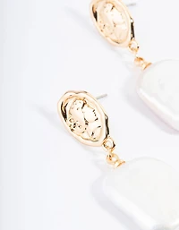 Gold Plated Oval Coin & Freshwater Pearl Drop Earrings