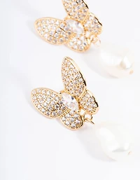 Gold Plated Cubic Zirconia Butterfly Freshwater Pearl Drop Earrings