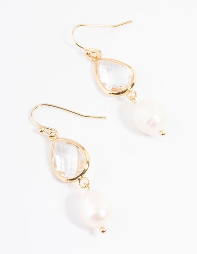 Gold Plated Clear & Freshwater Pearl Drop Earrings