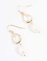 Gold Plated Clear & Freshwater Pearl Drop Earrings