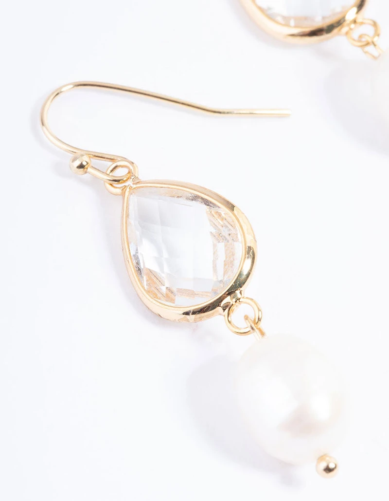 Gold Plated Clear & Freshwater Pearl Drop Earrings