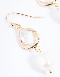 Gold Plated Clear & Freshwater Pearl Drop Earrings