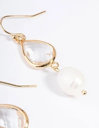Gold Plated Clear & Freshwater Pearl Drop Earrings