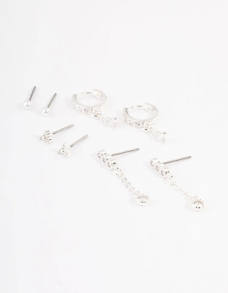 Silver Plated Cubic Zirconia Dainty Pearl Earrings 4-Pack