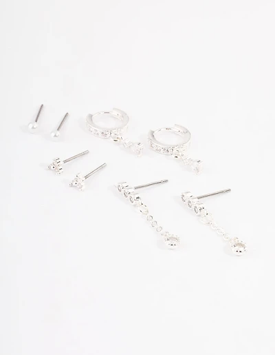 Silver Plated Cubic Zirconia Dainty Pearl Earrings 4-Pack