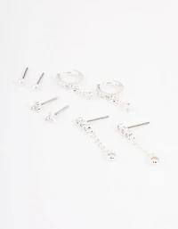 Silver Plated Cubic Zirconia Dainty Pearl Earrings 4-Pack