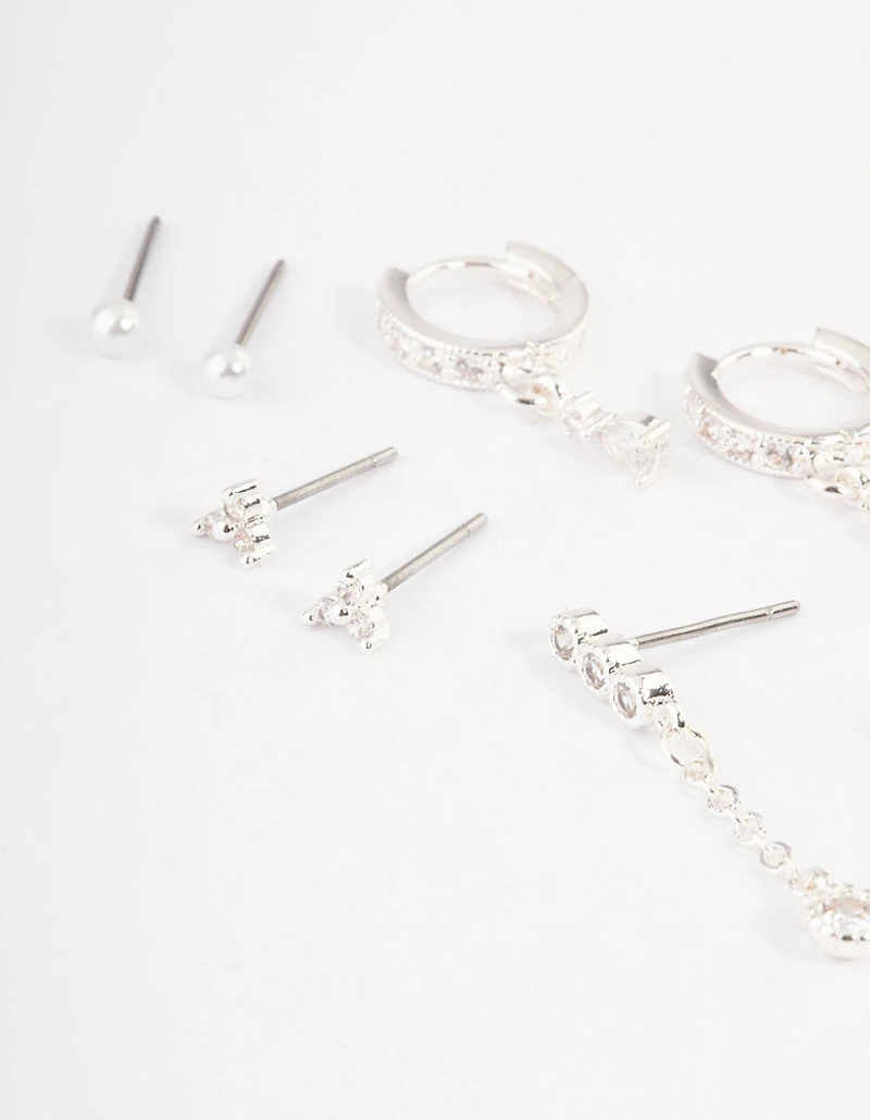 Silver Plated Cubic Zirconia Dainty Pearl Earrings 4-Pack