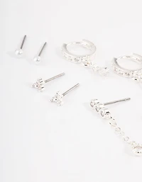 Silver Plated Cubic Zirconia Dainty Pearl Earrings 4-Pack