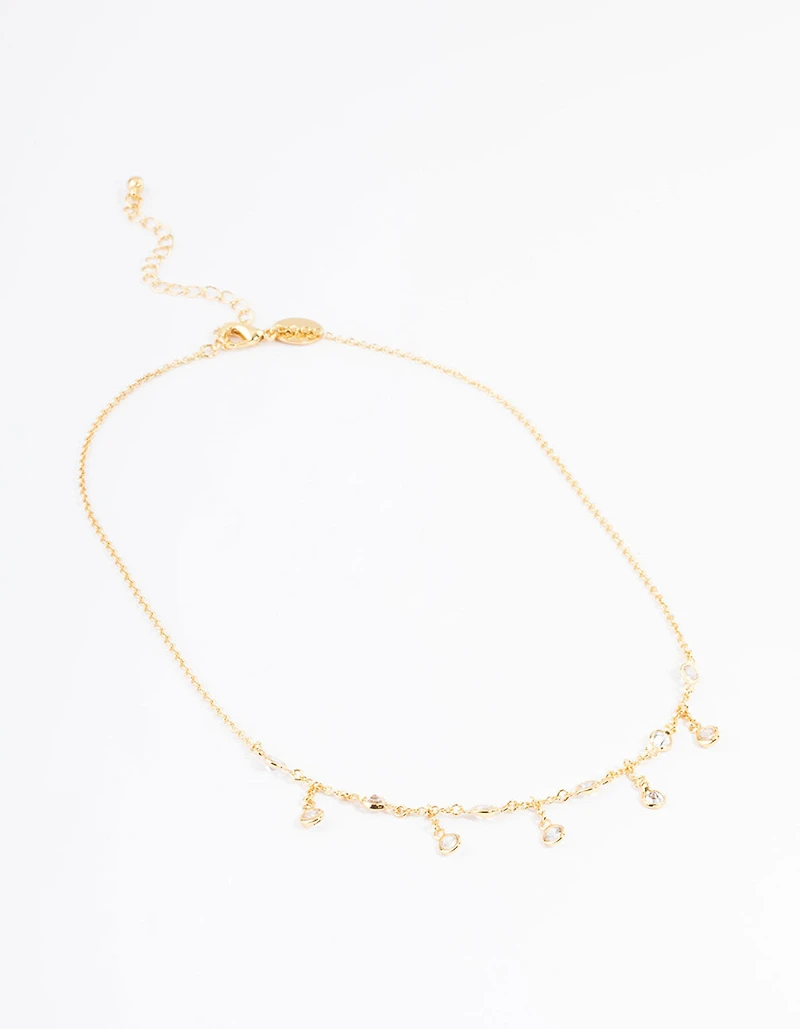 Gold Plated Cubic Zirconia Dainty Chain Drop Necklace