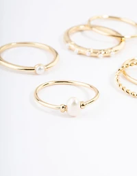 Gold Plated Freshwater Pearl Mixed Band Rings 6-Pack