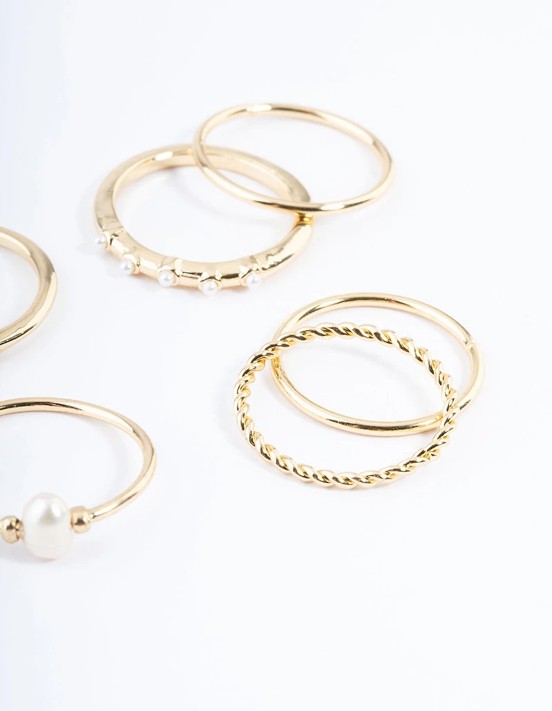 Gold Plated Freshwater Pearl Mixed Band Rings 6-Pack