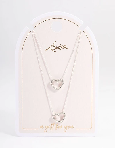 Silver Double Diamante Open Heart Necklace