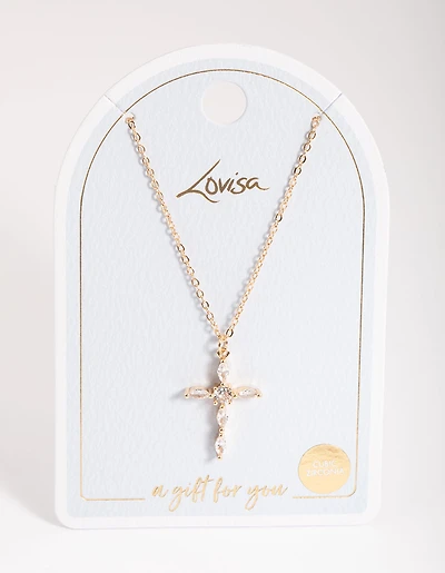 Gold Classic Diamante Cross Necklace