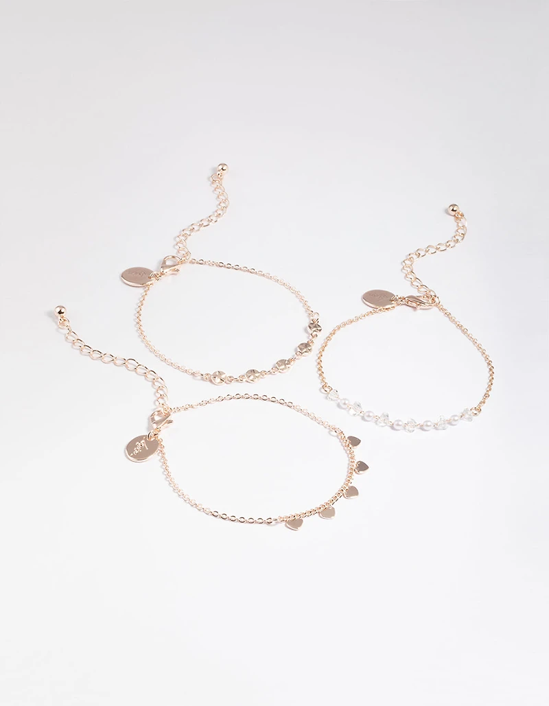 Rose Gold Disc, Pearl & Heart Charm Bracelet Pack