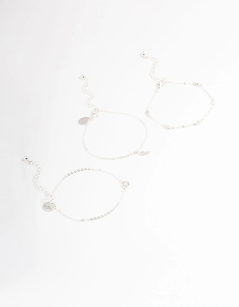Silver Dainty Circle & Wing Bracelet Pack
