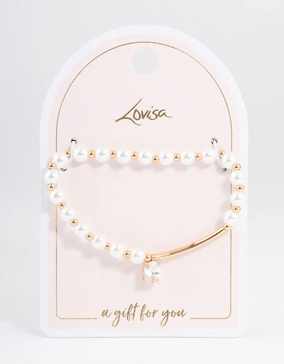 Gold Pearl & Bar Diamante Bracelet
