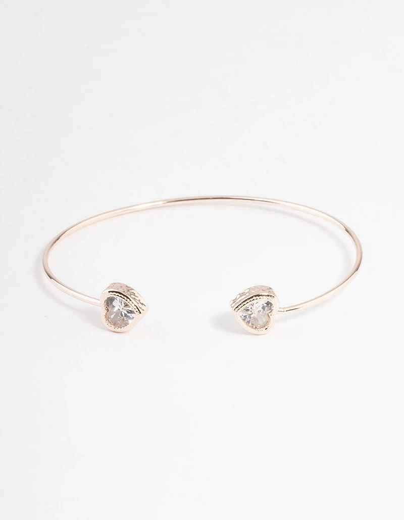Rose Gold Cubic Zirconia Heart Open Cuff Bangle