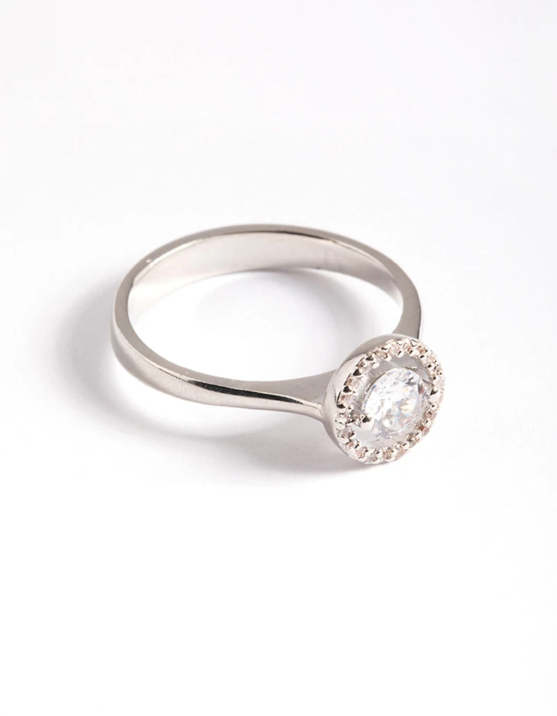 Silver Cubic Zirconia Centre Stone with Halo Ring