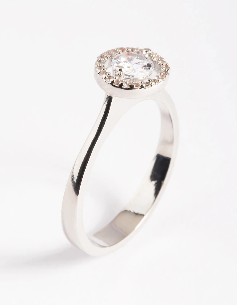 Silver Cubic Zirconia Centre Stone with Halo Ring