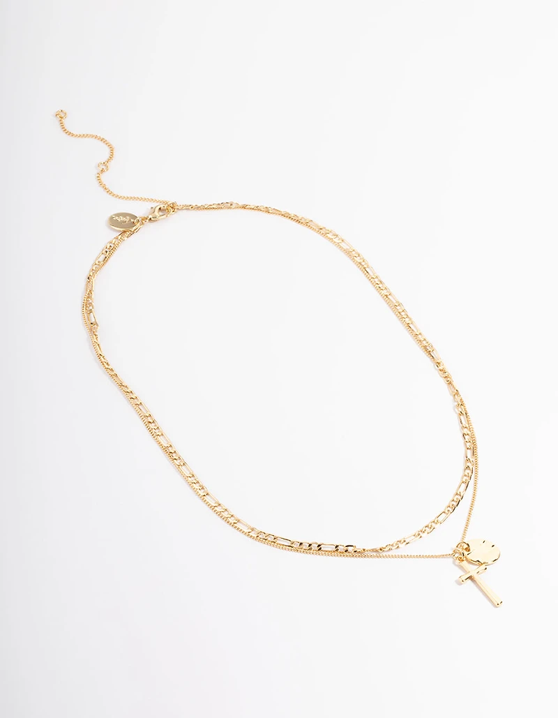 Gold Plated Cross & Figaro Layered Necklace