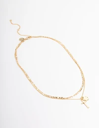 Gold Plated Cross & Figaro Layered Necklace