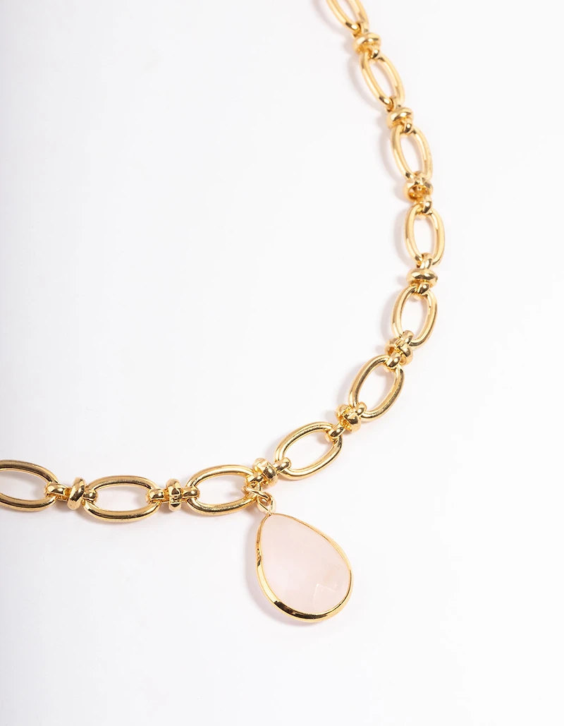 Gold Plated Rose Quartz Oval Link Chain Necklace