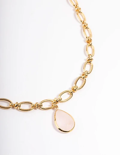 Gold Plated Rose Quartz Oval Link Chain Necklace
