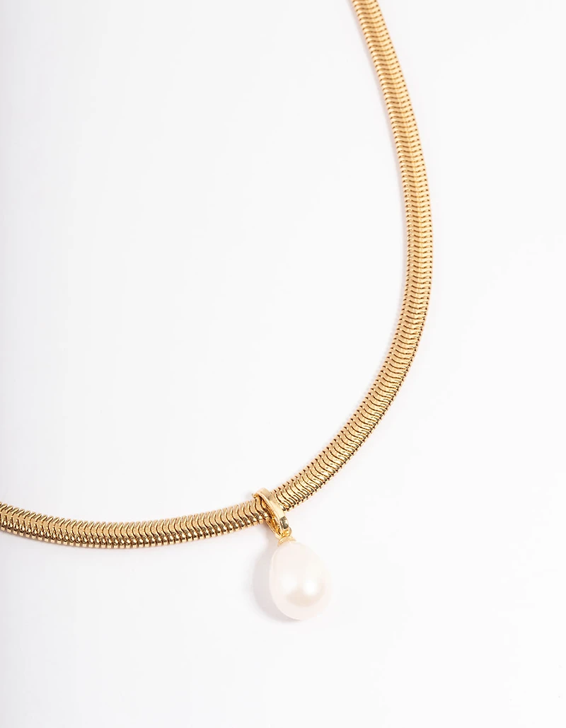 Gold Plated Snake Chain Freshwater Pearl Drop Necklace