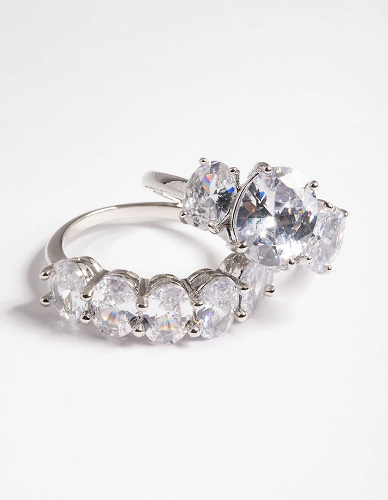 Silver Cubic Zirconia Statement Oval Ring 2-Pack